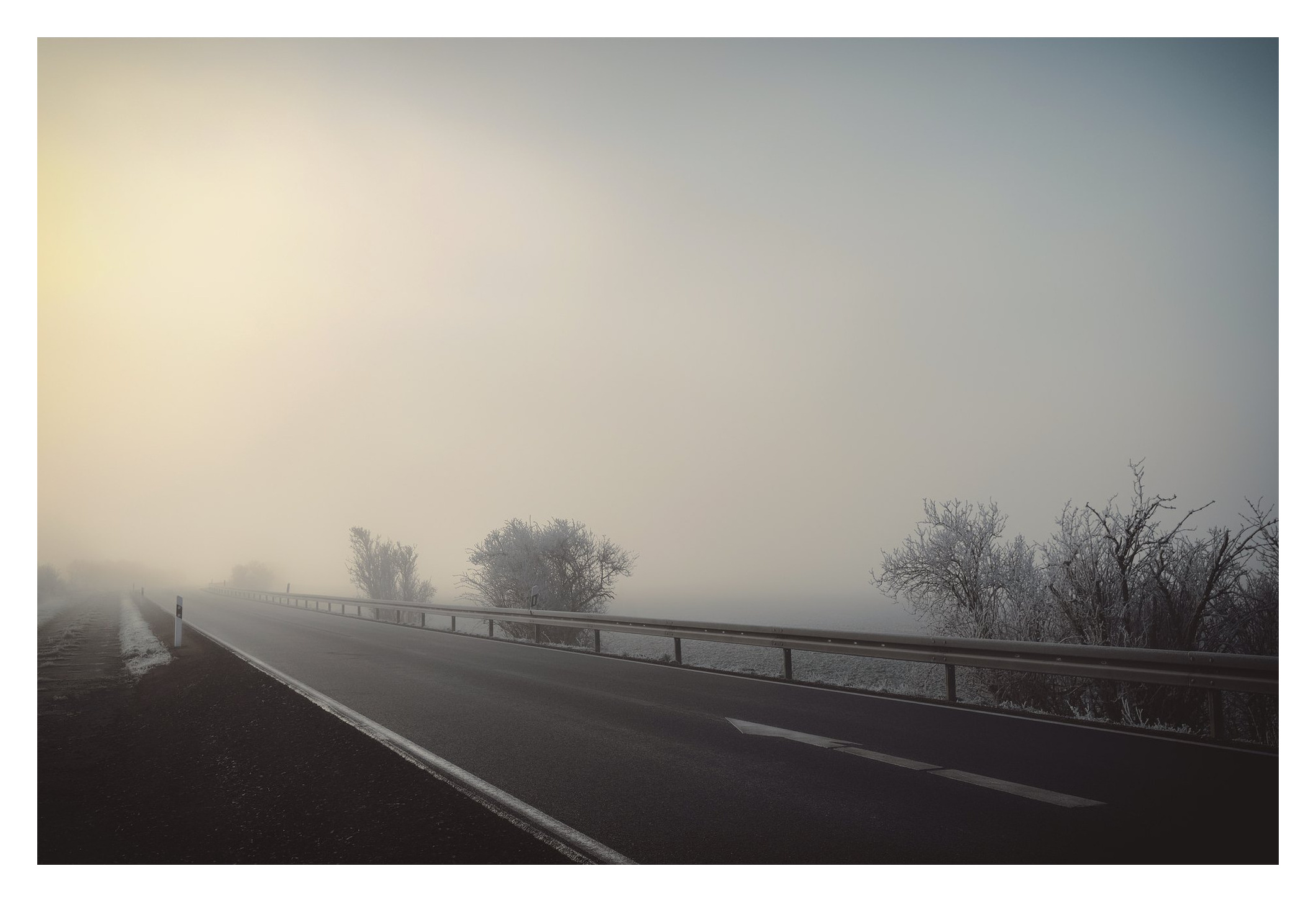 Eine Straße verschwindet im dichten Nebel